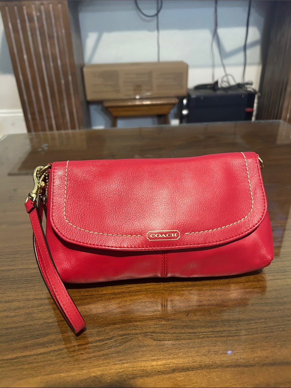 Coach Red Leather Mini Wristlet with Gold Hardware